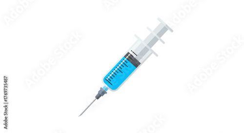 Illustration of a syringe filled with blue liquid on a white background.