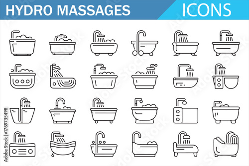 Wellness and Relaxation Tub Icon Set in Outline Vector Style