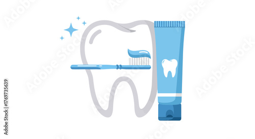Toothbrush, toothpaste, and tooth illustration for dental hygiene concept.