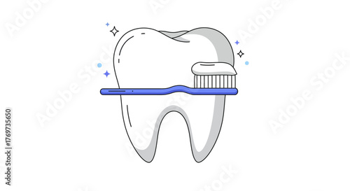 Tooth with toothbrush and toothpaste illustration on white background.