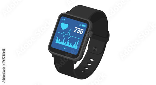 Black smartwatch displaying heart rate on a blue screen.