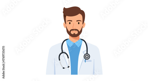 Illustration of a male doctor with a stethoscope wearing a white coat.