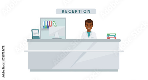 Illustration of a smiling receptionist at a desk in a medical office.