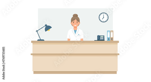 Illustration of a friendly receptionist at a desk in a medical office.