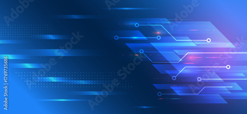 Futuristic blue technology background with glowing circuit lines, geometric shapes, and digital light effects. Perfect for innovation, data, and high-tech design concepts.