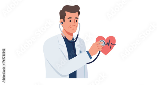 Doctor listening to heart with stethoscope, medical checkup concept.