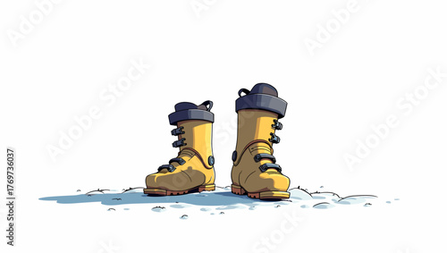 Yellow ski boots on melting snow, Ski boots on floor, concept of changing seasons and exploration