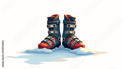 Red and black ski boots on melting snow, Ski boots on floor, concept of winter sport and thaw