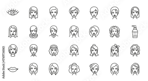 Collection of stylized white line art icons representing diverse female faces with various hairstyles, an eye, and lips, set against a black background, symbolizing beauty, individuality, and