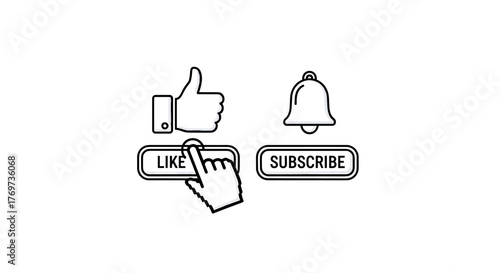 Minimalist outline of a thumbs up icon and a bell icon on a black background, representing social media engagement, likes, notifications, and online interaction, perfect for digital marketing and web