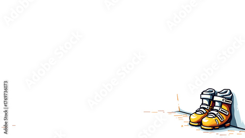 Yellow ski boots leaning against wall, Ski boots on floor, concept of rest after skiing