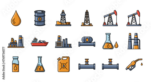 Collection of flat design icons representing the oil and gas industry, including oil drops, barrels, drilling rigs, pump jacks, refineries, tankers, storage tanks, pipelines, jerrycans, and fuel