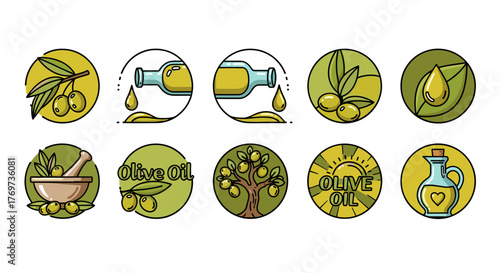 Collection of ten circular icons representing olive oil production and benefits, featuring olive branches, bottles, a mortar and pestle, an olive tree, and a carafe with a heart symbol, all rendered