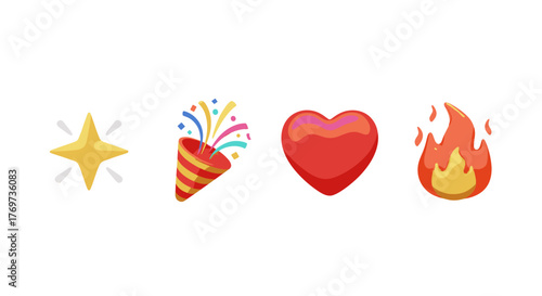 A vibrant 3D illustration featuring a collection of popular emojis against a stark black background, including a sparkling star, a festive party popper exploding with confetti, a bold red heart, and