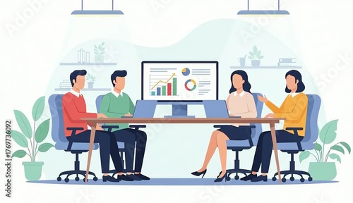 Business meeting with charts on screen and office interior. Team discussing financial data and business strategy. Collaboration and teamwork concept. Flat illustration animated graphics