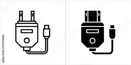 Set of two icons representing a power adapter with usb cable, one outlined and one solid black