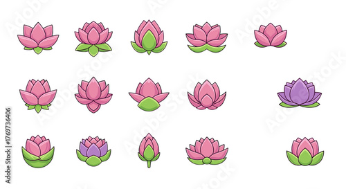 Collection of stylized lotus flowers in various stages of bloom and colors, including pink and purple, with green sepals, presented as flat vector icons with clean outlines and a modern aesthetic