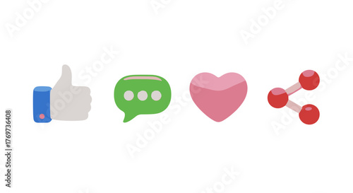 A vibrant 3D rendering showcases a row of popular social media icons: a white thumbs-up with a blue base, a green chat bubble with three white dots, a pink heart, and a red share icon, all set