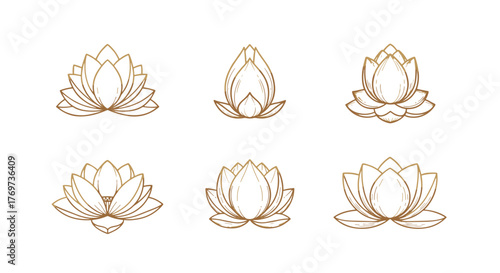 Collection of six elegant golden lotus flower outlines on a black background, symbolizing purity, enlightenment, and rebirth. These stylized floral graphics are perfect for yoga studios, meditation
