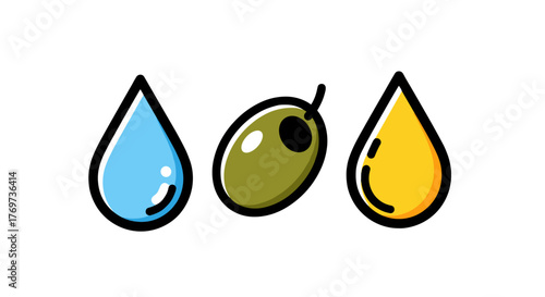 Three stylized drops of liquid, one blue representing water, one green olive, and one yellow representing oil, set against a black background, symbolizing natural ingredients and healthy food