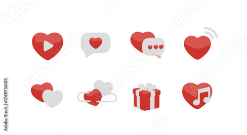 Collection of 3D rendered social media icons and symbols featuring hearts, chat bubbles, a play button, a gift box, and a music note, all in a vibrant red and white color scheme against a black