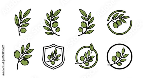 Collection of stylized olive branch icons and emblems in various designs, featuring green olives and leaves, perfect for food branding, organic products, and Mediterranean themes, presented on a