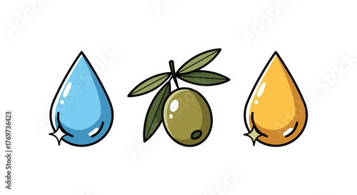 A vibrant illustration featuring three distinct elements: a sparkling blue water droplet, a fresh green olive branch with a single olive, and a golden yellow oil droplet, all presented against a