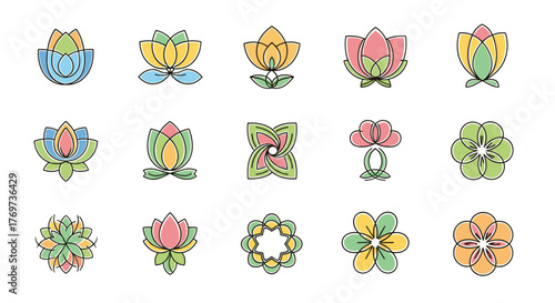 Collection of stylized lotus flower icons in various colors and abstract geometric designs, representing peace, spirituality, and nature, perfect for yoga studios, wellness brands, and meditation