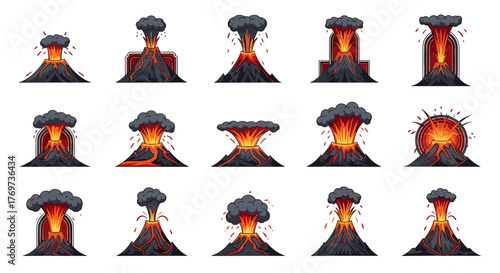 Collection of fifteen stylized cartoon illustrations depicting various stages of volcanic eruptions, featuring glowing lava, ash clouds, and explosive debris against a black background, ideal for