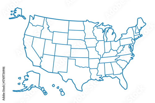 USA Map Vector Contour Outline Blue Transparent