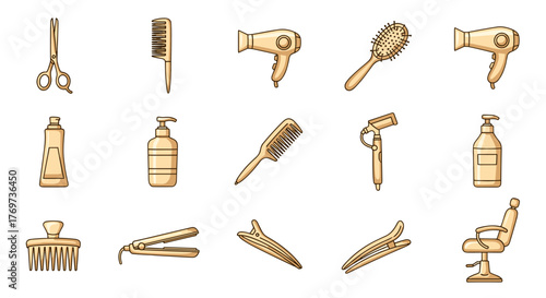 A vibrant collection of golden-hued cartoon icons representing essential hairdressing and barber tools, including scissors, combs, hair dryers, brushes, clips, styling irons, and a barber chair, all