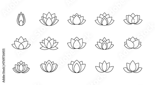 Collection of stylized lotus flower icons in white outline on a black background, showcasing various stages of bloom and petal arrangements, perfect for yoga, meditation, wellness, and spa branding