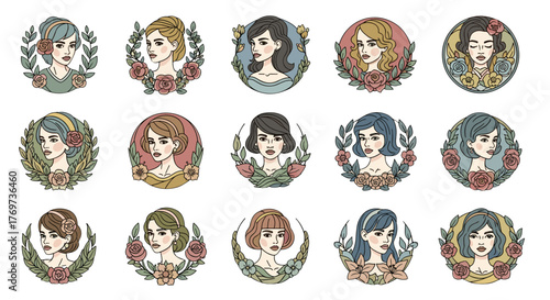 Collection of 15 diverse female portraits, each framed by delicate floral wreaths and leaves, showcasing various hairstyles, hair colors, and subtle expressions, rendered in a charming
