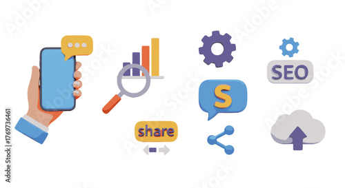 Digital marketing strategy icons and symbols, showcasing SEO, analytics, social media sharing, cloud storage, and communication tools on a black background, representing online business growth and