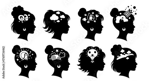 A collection of eight distinct cartoon-style female profile silhouettes, each featuring a unique hairstyle, presented in a clean, minimalist line art aesthetic against a stark black background, ideal