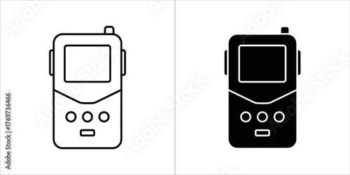Two icons of a handheld device, possibly a remote or small gadget, one outline and one solid black
