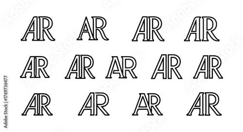 A repeating pattern of the letters "AR" in a stylized, embossed font, set against a solid black background. The letters appear to be outlined with a subtle, light gray glow, creating a modern and