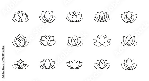 Collection of fifteen minimalist lotus flower line art icons and symbols, presented in a clean, modern style with a white outline on a black background, perfect for wellness, yoga, and spa branding.