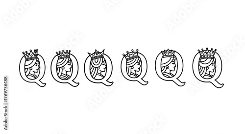 A striking graphic design featuring a row of five stylized 'Q' monograms, each intricately designed with a profile of a crowned queen's head within its loop, presented in a clean, minimalist outline