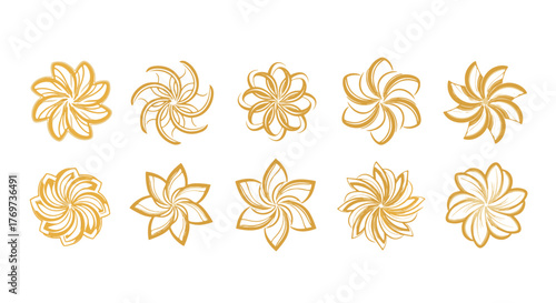 Set of ten stylized golden floral elements with swirling petals, presented on a black background, perfect for decorative accents, graphic design, and artistic backgrounds, offering a touch of