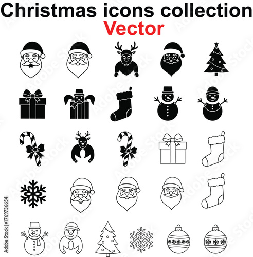 Christmas icons collection festive Santa snowman gift presents ornaments and snowflakes for holiday design vector