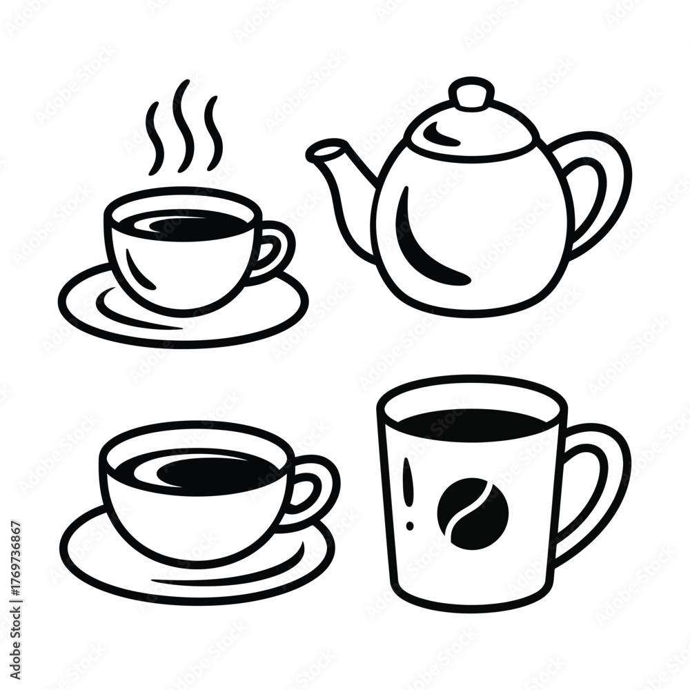 Obraz premium Coffee cups and teapot with steam and coffee bean illustration