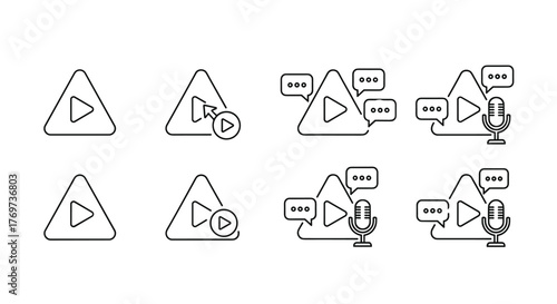 Collection of outline icons representing video playback, fast forward, chat bubbles, and microphones, symbolizing digital communication, media consumption, and podcasting in a modern, minimalist