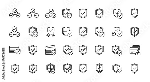 Collection of modern flat icons representing security, protection, and verification, featuring shields, checkmarks, and credit cards, suitable for digital safety and business applications, presented