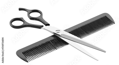Professional hairdressing scissors and comb, essential tools for barbers and stylists, elegantly arranged on a black background, symbolizing precision, style, and grooming services for a modern salon