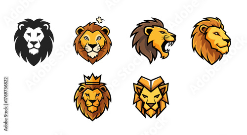 Collection of stylized lion head illustrations, showcasing diverse artistic interpretations from fierce roaring profiles to regal crowned emblems and minimalist geometric designs, perfect for