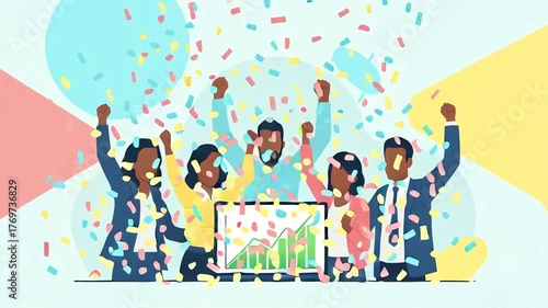 Diverse business team celebrates success with confetti and a rising graph on a laptop screen. Achievement and teamwork in a corporate environment. Financial growth and accomplishment