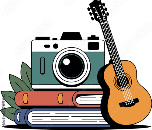 A stacked pile of books holds a camera and a guitar with leaves.