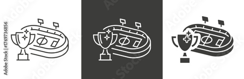 flat and linear set icons, championship, cup and stadium, sport arena, venue tournament, simple symbols on white and black background - editable stroke vector illustration