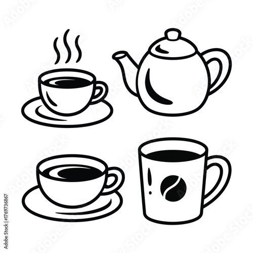 Coffee cups and teapot with steam and coffee bean illustration